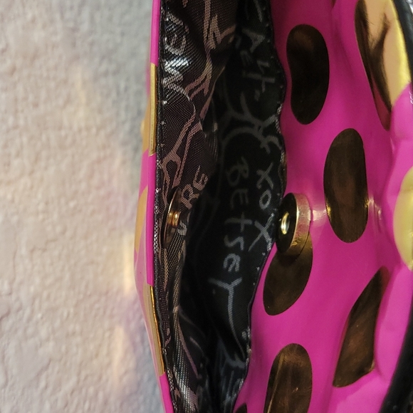 Betsey Johnson Pink Handbag with Gold Polka Dots and Black Bow and Strap - Picture 10 of 12